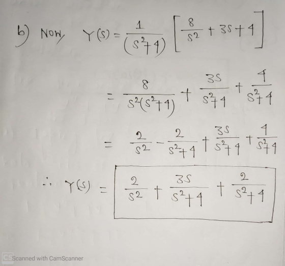 8 † 3S1 b) Now Y(s) = (1) S2 A SS 8 十 t 84 s1 S(sti) 7 3S 2. ) 1 || 92 s?+4 si131 T 2 3S 2. Y(S) 을 t C2 s +1 s241 C Scanned w