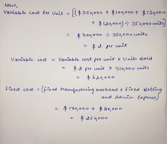 Now, variable cost per unit = {($350,000 + $100,000+ $130,000 + $120,000) = 350,000 units] = $700,000 350,000 units = $2 per