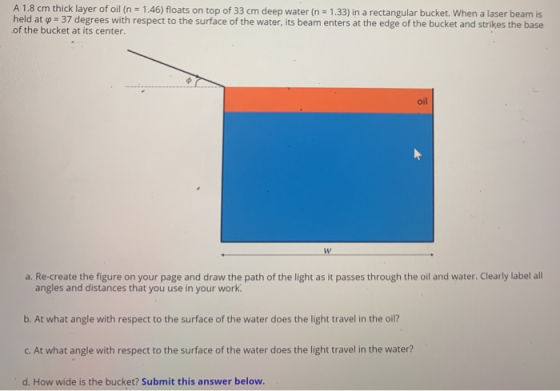 A 1.8 cm thick layer of oil (n = 1.46) floats on top of 33 cm deep water (n = 1.33) in a rectangular bucket. When a laser bea