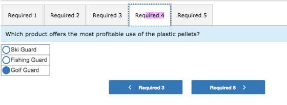 Required 1 Required 2 Required 3 Required 4 Required 5 Which product offers the most profitable use of the plastic pellets? O