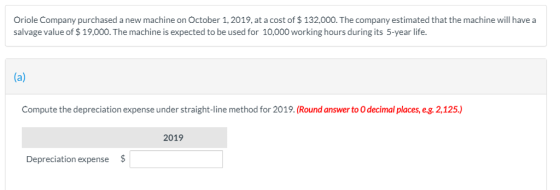Oriole Company purchased a new machine on October 1,2019,at a cost of $132,000. The company estimated that the machine will have a salvage value of $19,000. The machine is expected to be used for 10,000 working hours during its 5-year life. Compute the depreciation expense under straight-line method for 2019. (Round answer to O decimal places, e.g.2,125.) 2019 Depreciation expense
