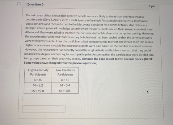 D Question 6 9 pts Recent research has shown that creative people are more likely to cheat than their less creative counterpa