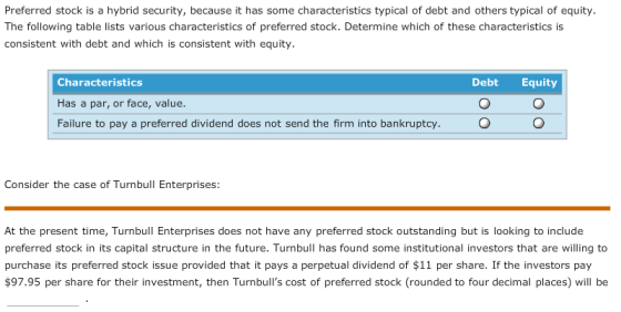 Preferred stock is a hybrid security, because it has some characteristics typical of debt and others typical of equity. The f
