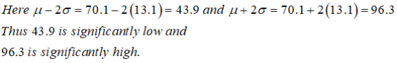 +2: 70.1 + 2(13.1)-96.3 Here μ-2σ 701-2(13.1)-43.9 and μ Thus 43.9 is significantly low and 96.3 is significantly high.