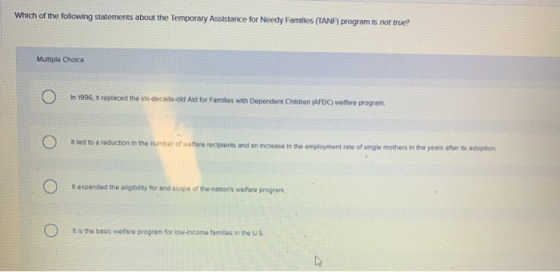 Which of the following statements about the Temporary Assistance for Needy Families (TANP) program is not true? Multiple Choi