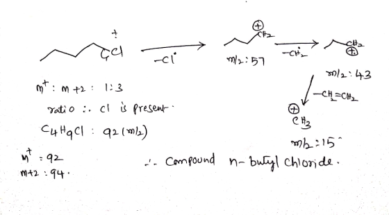 V eci ca -ci m/2:57 m/2:43 (-CH=CH₂ CH mt: m +2 : 1:3 ratio in el is present Cu Hq Cl : 92(0/2) mt=92 in Compound M+2:94: mb2