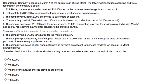Radar Repair Company opened on March 1 of the current year. During March, the following transactions occurred and were record