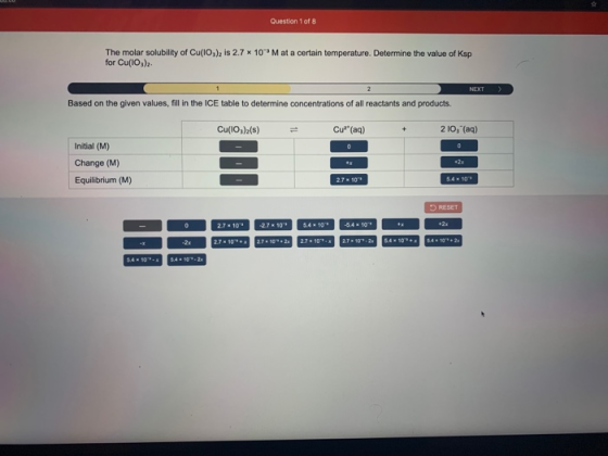 Question 1 of 8 The molar solubility of Cu(10), is 2.7 * 10M at a certain temperature. Determine the value of Kap for Cu(103)