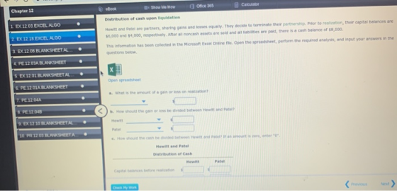 Chapter 12 1 EX 12.03 EXCEL ALGO eBook Show Me How Ofice 365 Calculator Distribution of cash upon liquidation Hewitt and Pate