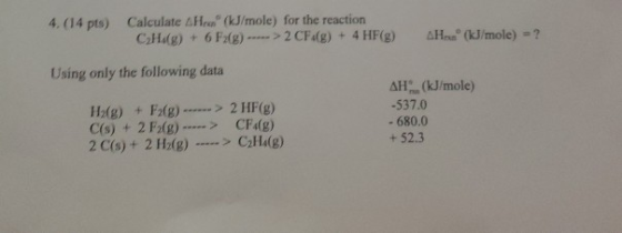 4. (14 pts) Calculate AHr (kJ/mole) for the reaction CaHlg)+ 6 F2(g) >2 CFg) + 4 HF(g) AH (kJ/mole) ? Using only the followin
