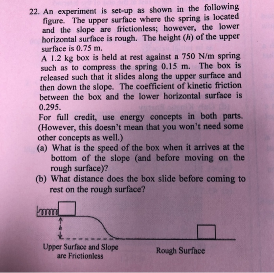 22. An experiment is set-up as shown in the following figure. The upper surface where the spring is located and the slope are