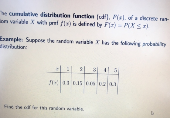 he cumulative distribution function (cdf), F(z), of a discrete ran- om variable X with pmf f(x) is defined by F(x) P(X < x).