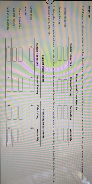 Required: 1. Calculate the allocation ratios for the four departments using the direct method. If an amount is zero, enter 0