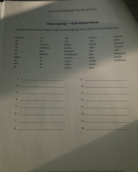 Chapter 16: Otolaryngology Ear, Nose, and Theat Otolaryngology - Build Medical Words Using all of the word parts below build