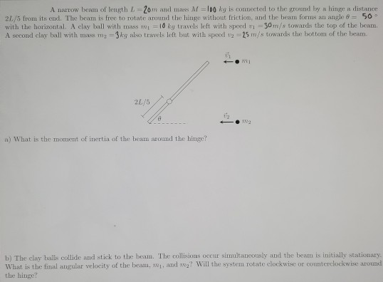 A narrow beam of length L = 2om and mass M=100 kg is connected to the ground by a hinge a distance 2L/5 from its end. The bea