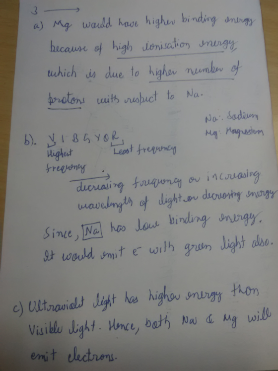 3 a) Mg would have higher binding energy because of high lonisation energy which is due to higher number of protons with resp