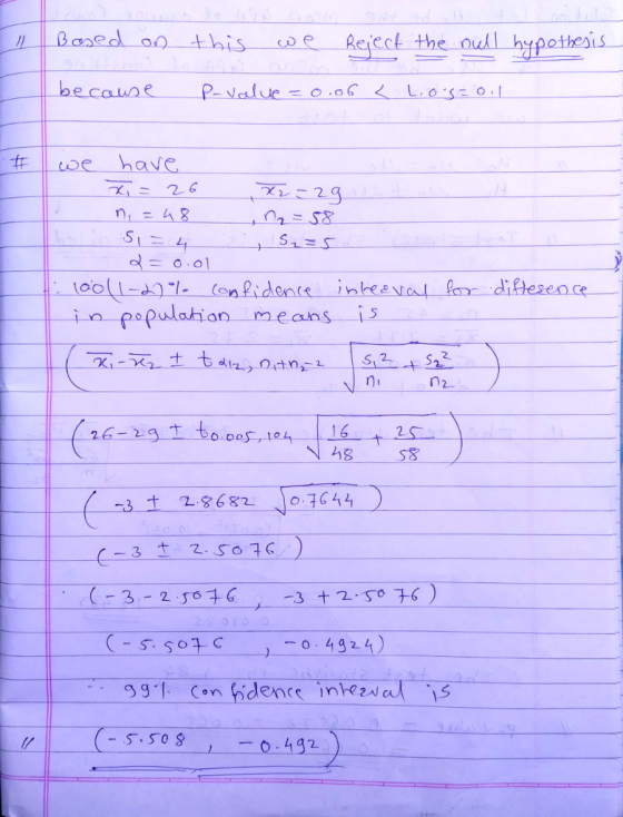 l Be oo this e Rejeck the oull hy pothesis #Ilco e have d = 0:01 npopulahion means is n2 18 S8 C-3-2.50チ6 -.-3 +2.st 76 ) 0.4324)