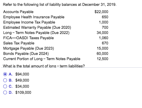 Refer to the following list of liability balances at December 31, 2019 Accounts Payable Employee Health Insurance Payable Emp
