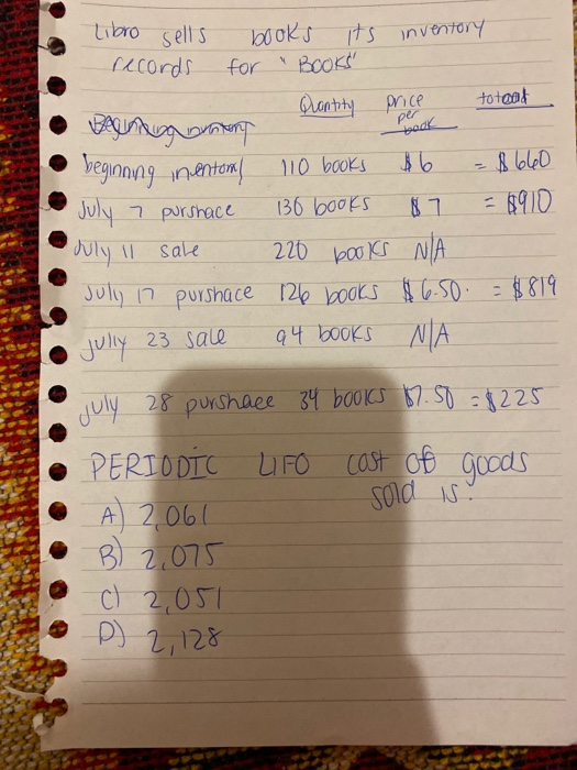 odk Tibro sells books its inventory records for BOOKS • am a nan prontity Price to toad • beginning in entom 110 books $6 =