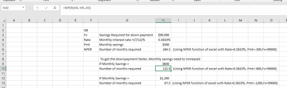 Angmmeт Cет Latng fx =NPER(H4,-H9,,H3) X H10 А D E F G Н J к L M O 1 Q8 $99,000 Savings Required for down payment 3 Fv Monthl