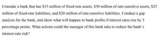 Consider a bank that has $15 million of fixed-rate assets, $30 million of rate-sensitive assets, $25 million of fixed-rate li