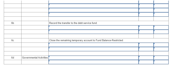 6b Record the transfer to the debt service fund. Close the remaining temporary account to Fund Balance-Restricted. Government