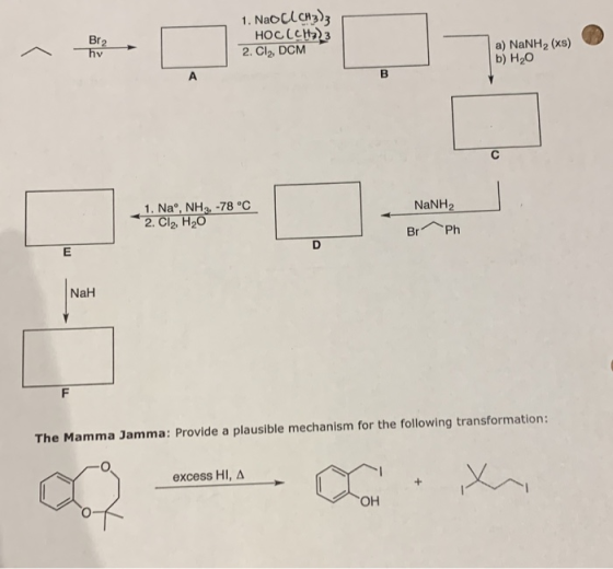 1. NaOCLCH3)3 HocCcH)3 2. CI, DCM a) NaNH2 (xs) b) H2O 1. Na°, NHA, -78 °C 2. Cl, H20 NaNH2 BrPh NaH The Mamma Jamma: Provide