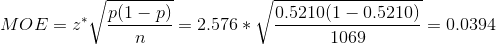MOE = z^*\sqrt{\frac{p(1-p)}{n}} = 2.576*\sqrt{\frac{0.5210(1 - 0.5210)}{1069}} = 0.0394