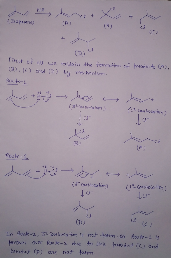 HCR CR finst of au we exblain the fonmation of puodud (A), (B) , (C) ond (D) by mechamism Route- -s 3 Coutbocahin) Route-오 ぐーラ+ voun over RouJe-2 due to this buo duct) and
