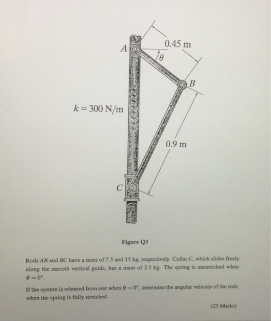 0.45 m k 300 N/m 0.9 m Figure Q3 Rods AB and BC have a mass of 7.5 and 15 kg, respectively. Collar C, which slides freely along the smooth vertical guide, has a mass of 2.5 kg. The spring is unstretched when o, determine the angular velocity of the rods If the system is released from rest when when the spring is fully stretched. (25 Marks)