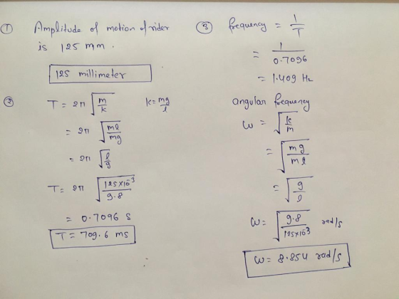 frequency = 1 / 2 Amplitude of motion of rider is 125 mm 1125 millimeter I - 0.7096 = 1.40g Hz angular frequency T= 20 m leam