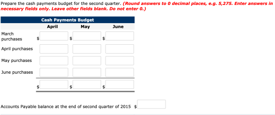 Prepare the cash payments budget for the second quarter. (Round answers to 0 decimal places, e.g. 5,275. Enter answers in nec