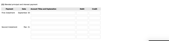 (2) Blended principal and interest payment Account Titles and Explanation Debit Credit Payment Date First Instalment Septembe