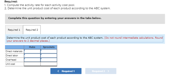 Required: 1. Compute the activity rate for each activity cost pool. 2 Determine the unit product cost of each product accordi