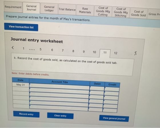 Requirement Cost of General Journal General Ledger Trial Balance Raw Materials Cost of Cost of Goods Mfg Goods Mfg Cutting St