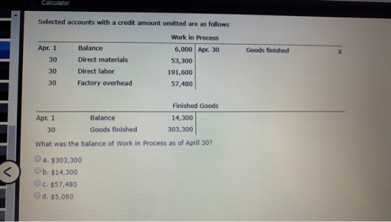 Calculator Selected accounts with a credit amount omitted are as follows Work in Process Apr. 1 30 Goods finished Balance Dir
