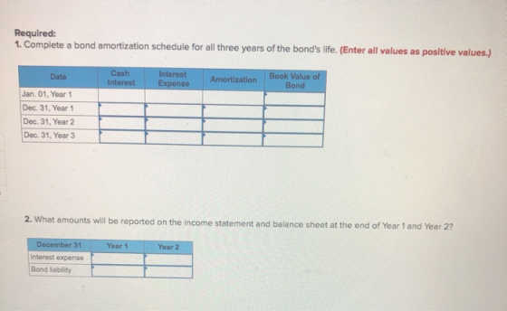 Required: 1. Complete a bond amortization schedule for all three years of the bonds life. (Enter all values as positive valu