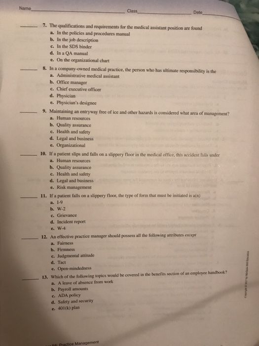 Name Class Date, 7. The qualifications and requirements for the medical assistant position are found a. In the policies and p