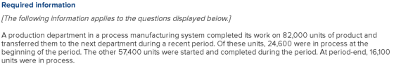 Required information [The following information applies to the questions displayed below.] A production department in a proce