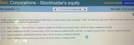 Time Limit: 02:00:00 Submit Test Test: Corporations - Stockholders equity This Question: 1 pt 21 of 38 (20 complete) This Te