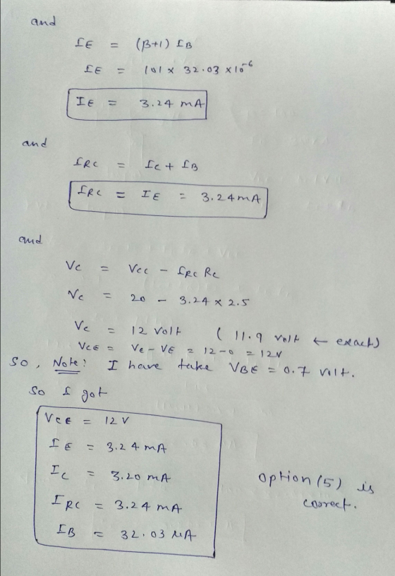 and IE 11 (B+1) IB LE 11 (U1 x 32.03 x16G IE = 3.24 MA and IRC Ict IB FRC (1 I E 3.24 MA and Vc Vcc – FRc Re Nc 20 3.24 x 2.5