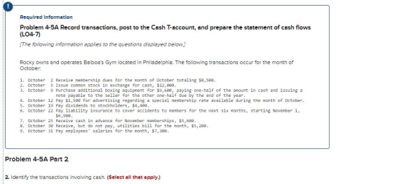 Required Information Problem 4-5A Record transactions, post to the Cash T-account, and prepare the statement of cash flows (L