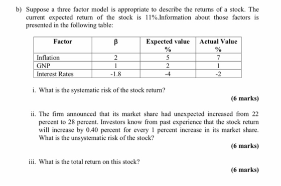 b) Suppose a three factor model is appropriate to describe the returns of a stock. The current expected return of the stock i