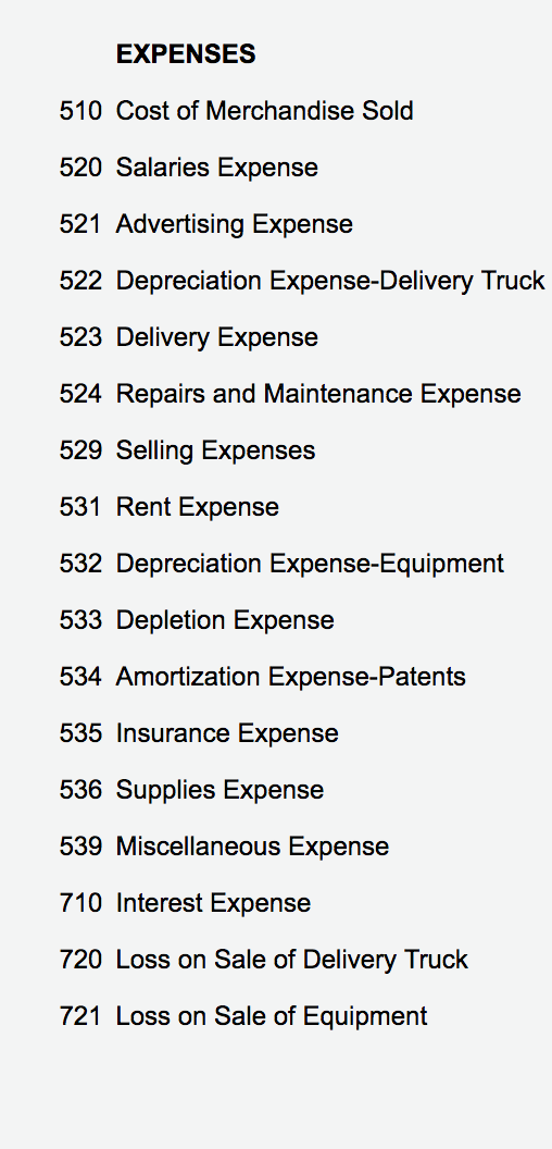 EXPENSES 510 Cost of Merchandise Sold 520 Salaries Expense 521 Advertising Expense 522 Depreciation Expense-Delivery Truck 52