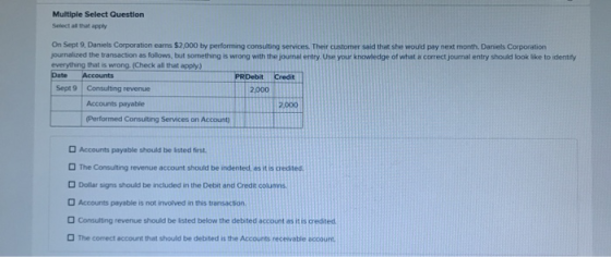 Multiple Select Question On Sept 9. Daniel Corporation earns $7.000 by performing consulting services. Their customer said th