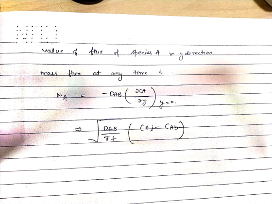 value of flux of species of in y direction mais flux at any time at . NA = - BBC - DAB / CA; - (Ab) Tt