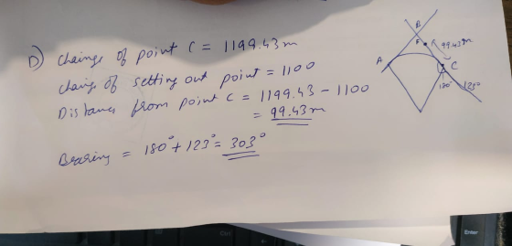 99.uson D Chainge of point (= 1199.43m change of setting out point = 1100 Distances from point c=1199.43-1100 = 99. 4m Bearin