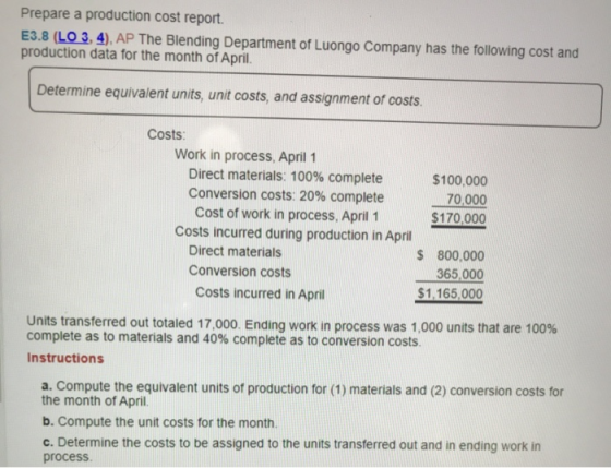 Prepare a production cost report. E3.8 (LO 3. 4), AP The Blending Department of Luongo Company has the following cost and pro
