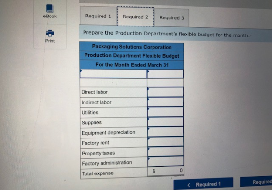 eBook Required 1 Required 2 Required 3 Prepare the Production Departments flexible budget for the month. Print Packaging Sol
