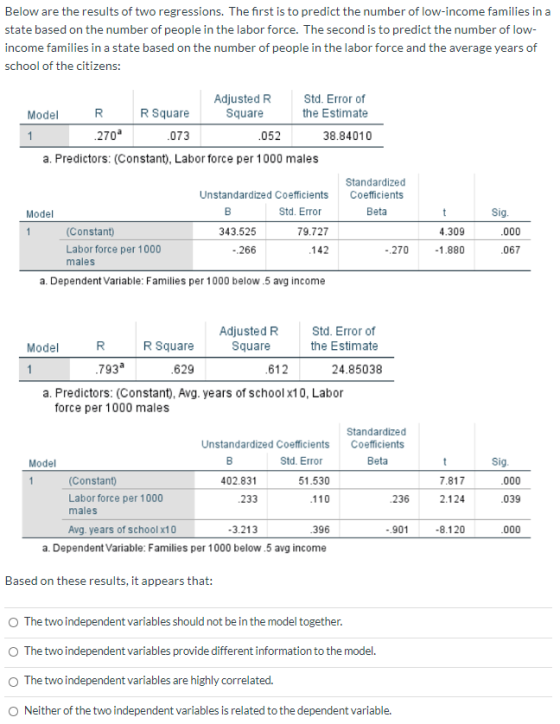 Below are the results of two regressions. The first is to predict the number of low-income families in a state based on the n